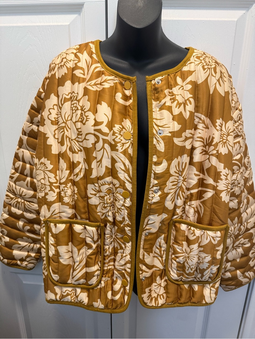 Quilted Floral Jacket in Mustard and Cream - Women's Coat